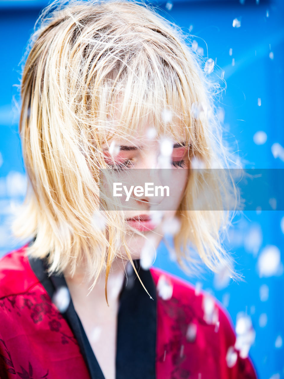 blond hair, one person, portrait, women, human hair, blue, headshot, adult, hairstyle, child, red, person, emotion, clothing, young adult, female, anime, nature, human face, childhood, front view