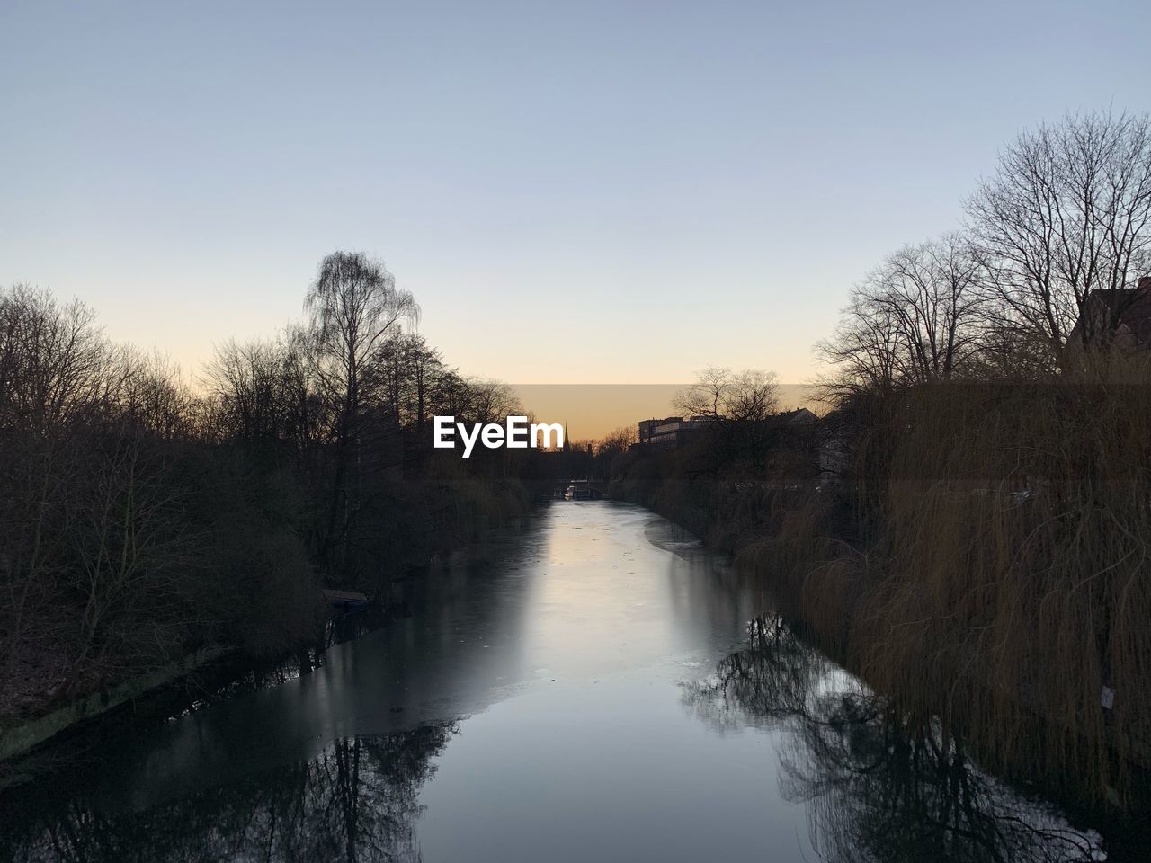 CANAL AMIDST TREES AGAINST CLEAR SKY