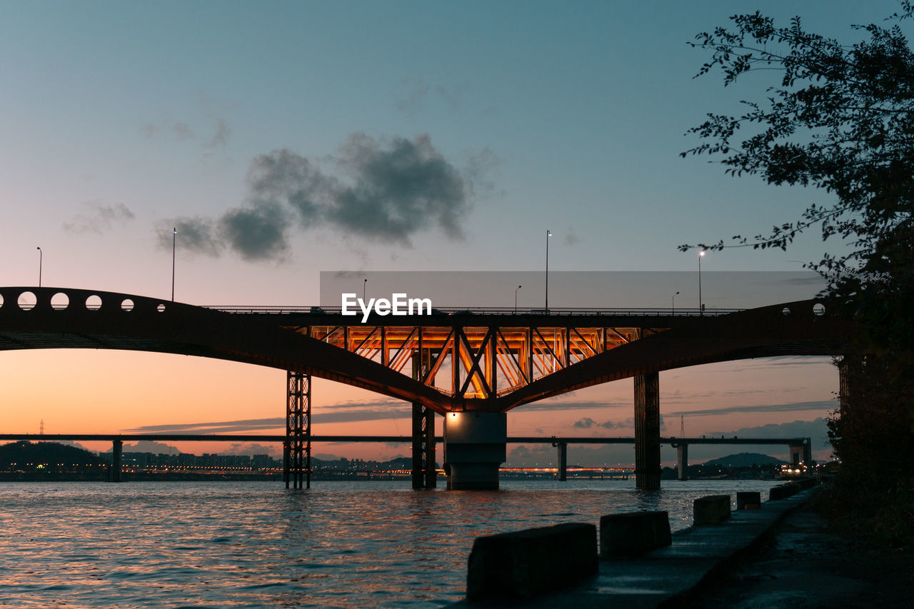 Bridge over river against sky at sunset