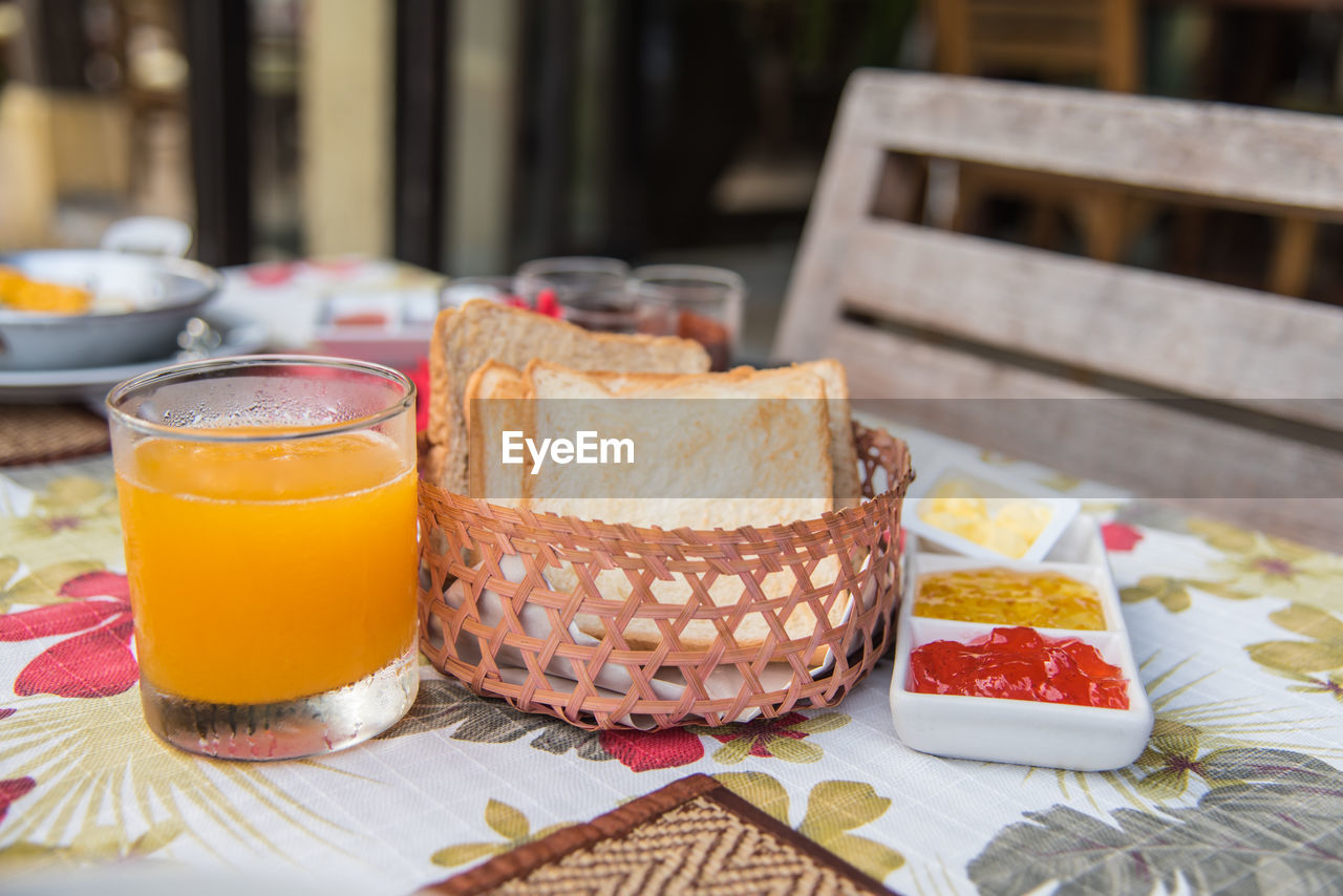 Close-up of breakfast served on table