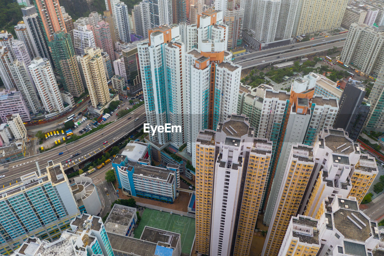 High angle view of modern buildings in city