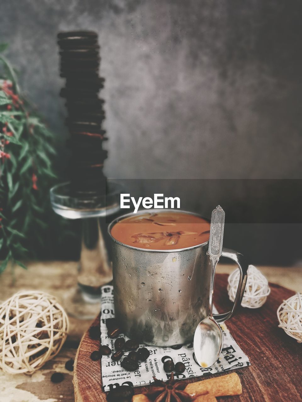 Iced coffee in mug on table