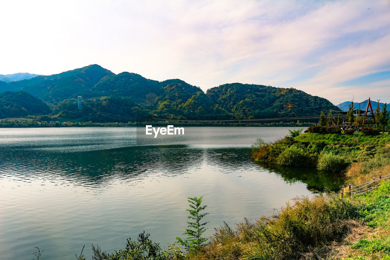 SCENIC VIEW OF LAKE BY MOUNTAIN AGAINST SKY