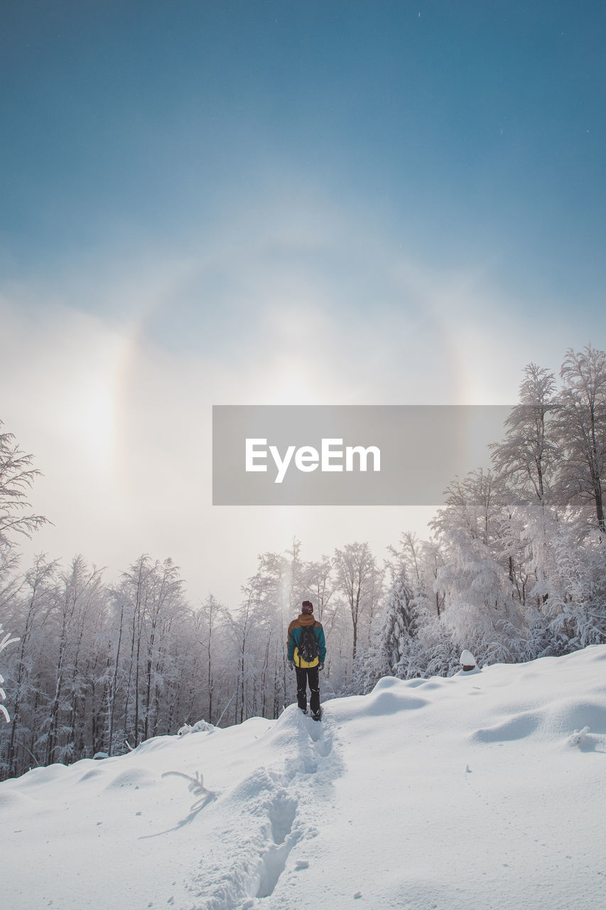 Adventurer enjoys phenomenon called the halo effect. winter scenery, beskydy mountains, czechia