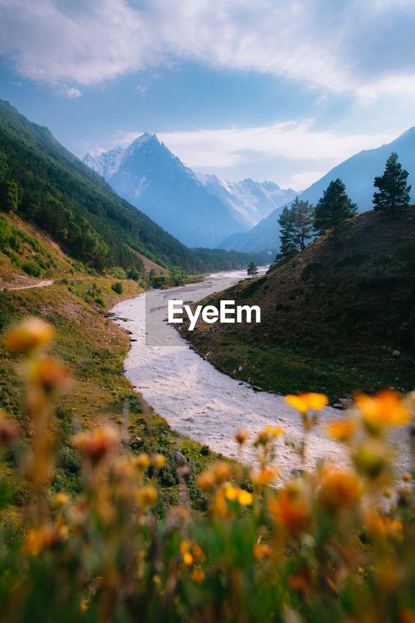 scenic view of landscape and mountains against sky