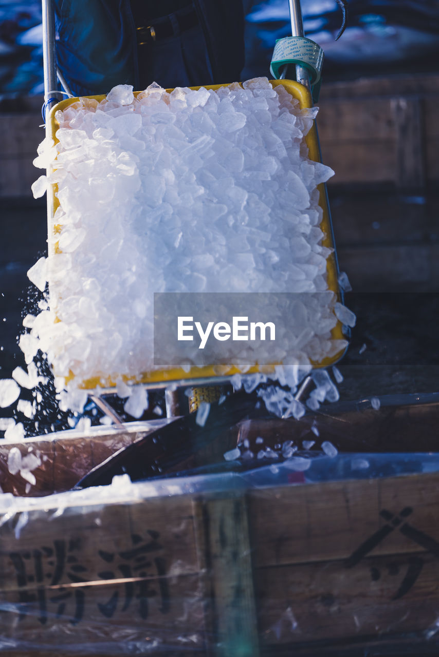 HIGH ANGLE VIEW OF ICE CREAM AT MARKET DURING WINTER