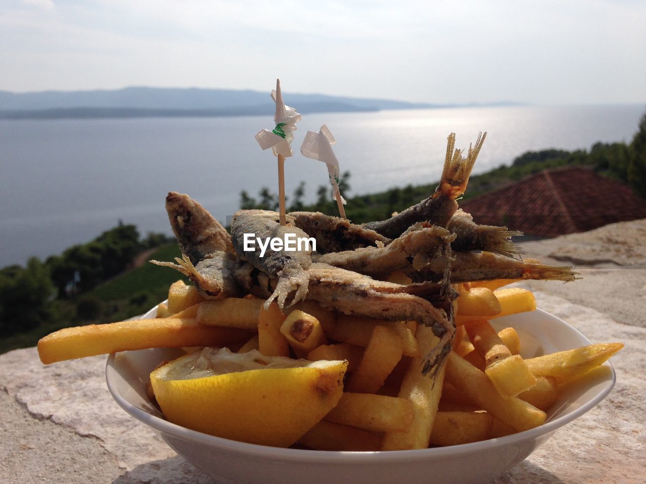 Close-up of seafood in plate against sea 