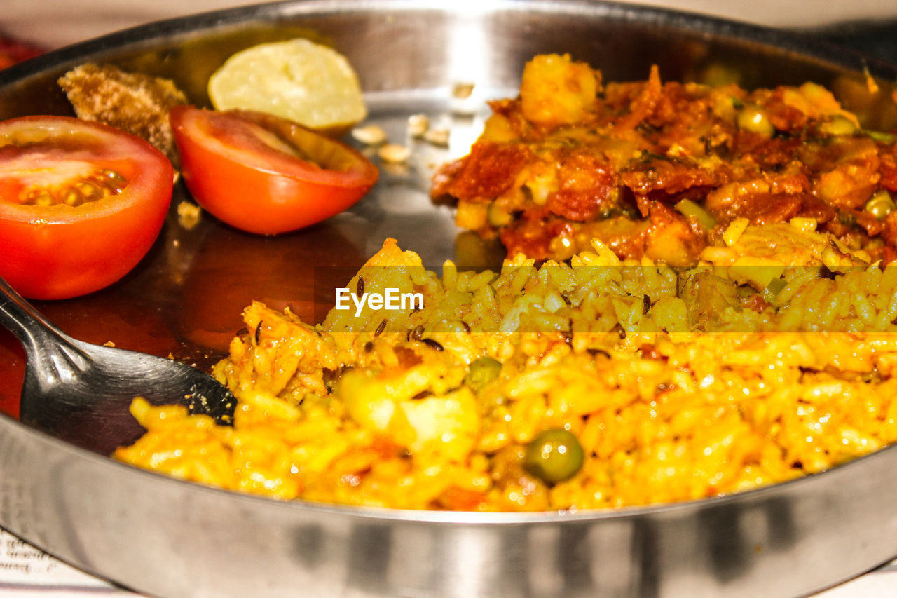 High angle view of vegetables in plate on table