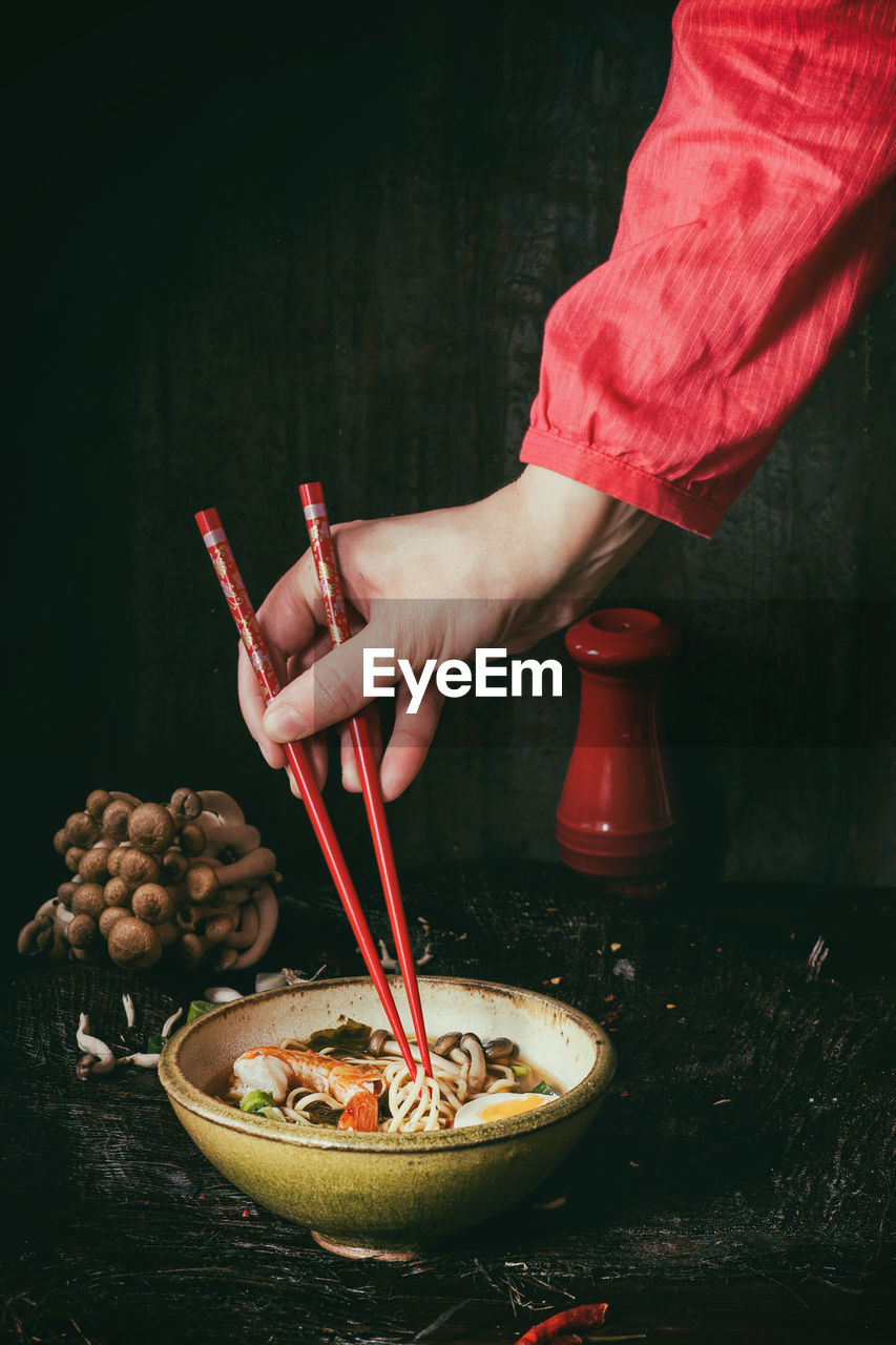 Close-up of ramen noodles on table