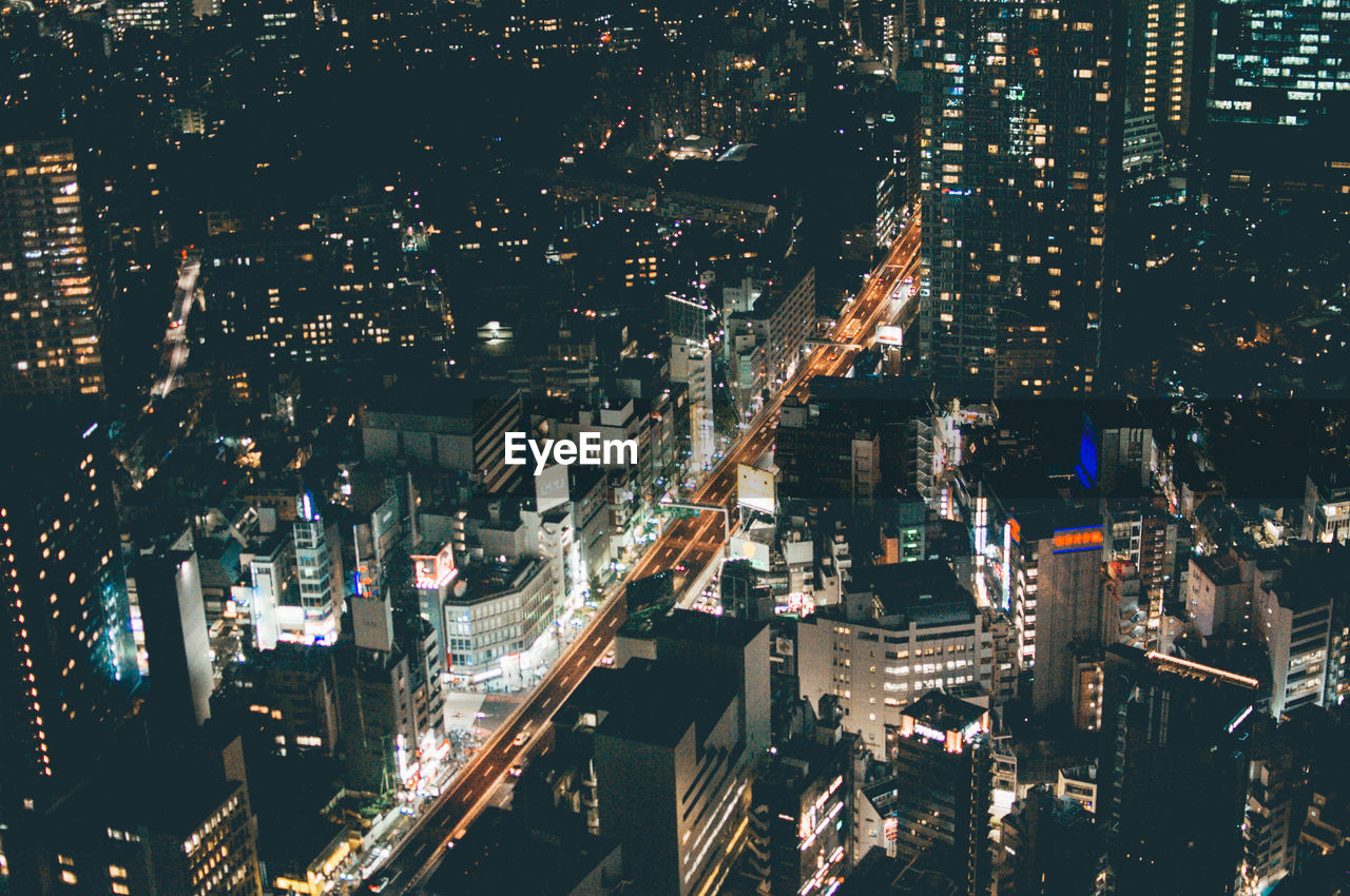 High angle view of illuminated cityscape