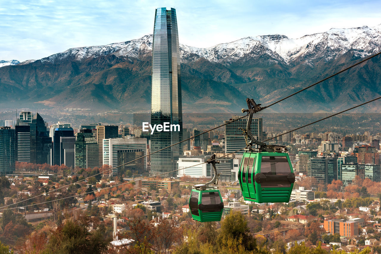 Overhead cable car against buildings in city 