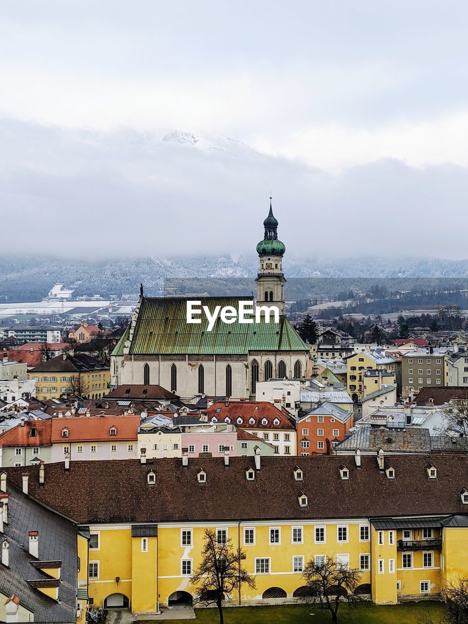 High angle view of buildings in town