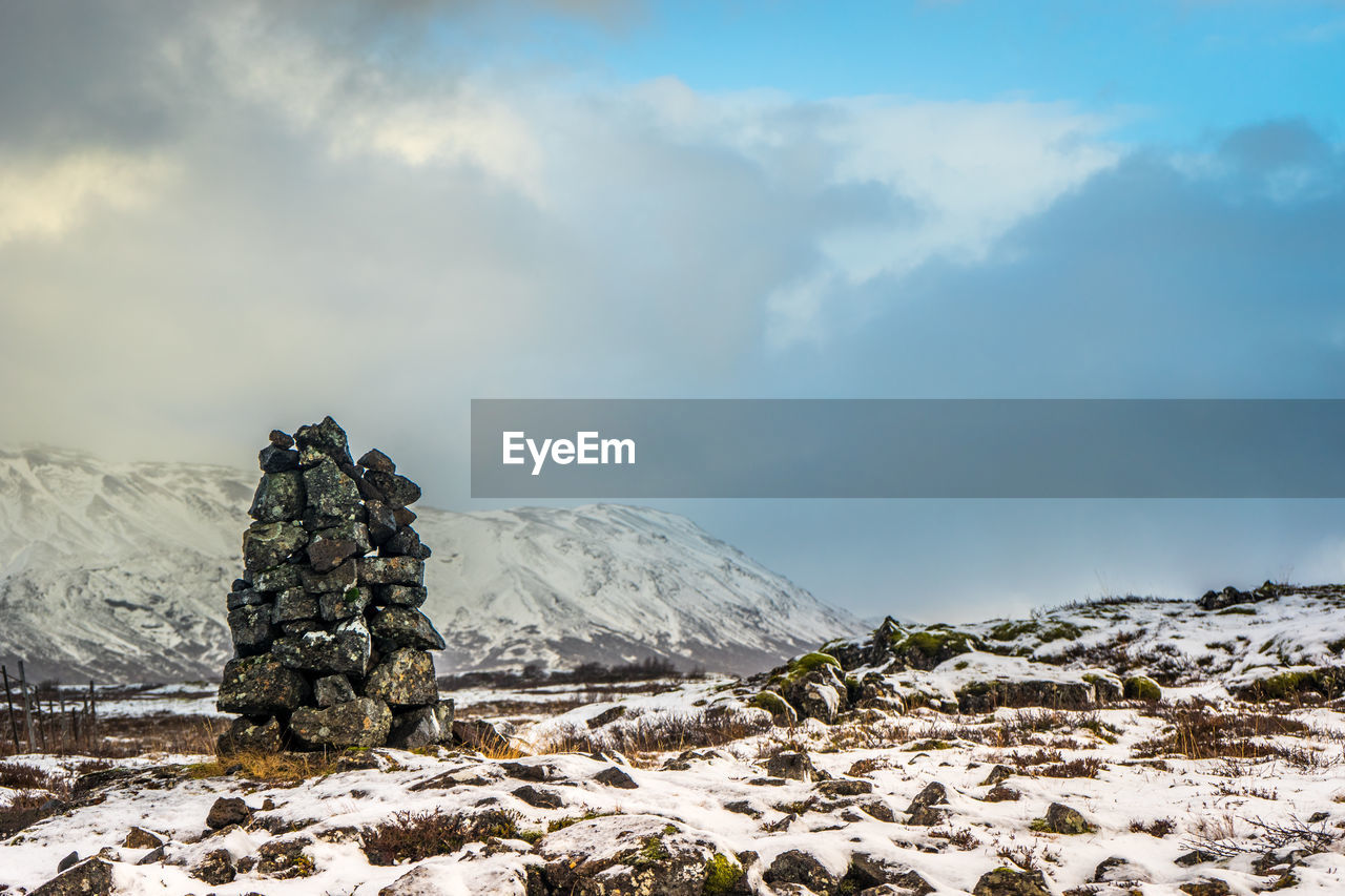 A cairn on the mountain tops above the icelandic national park thingvellir