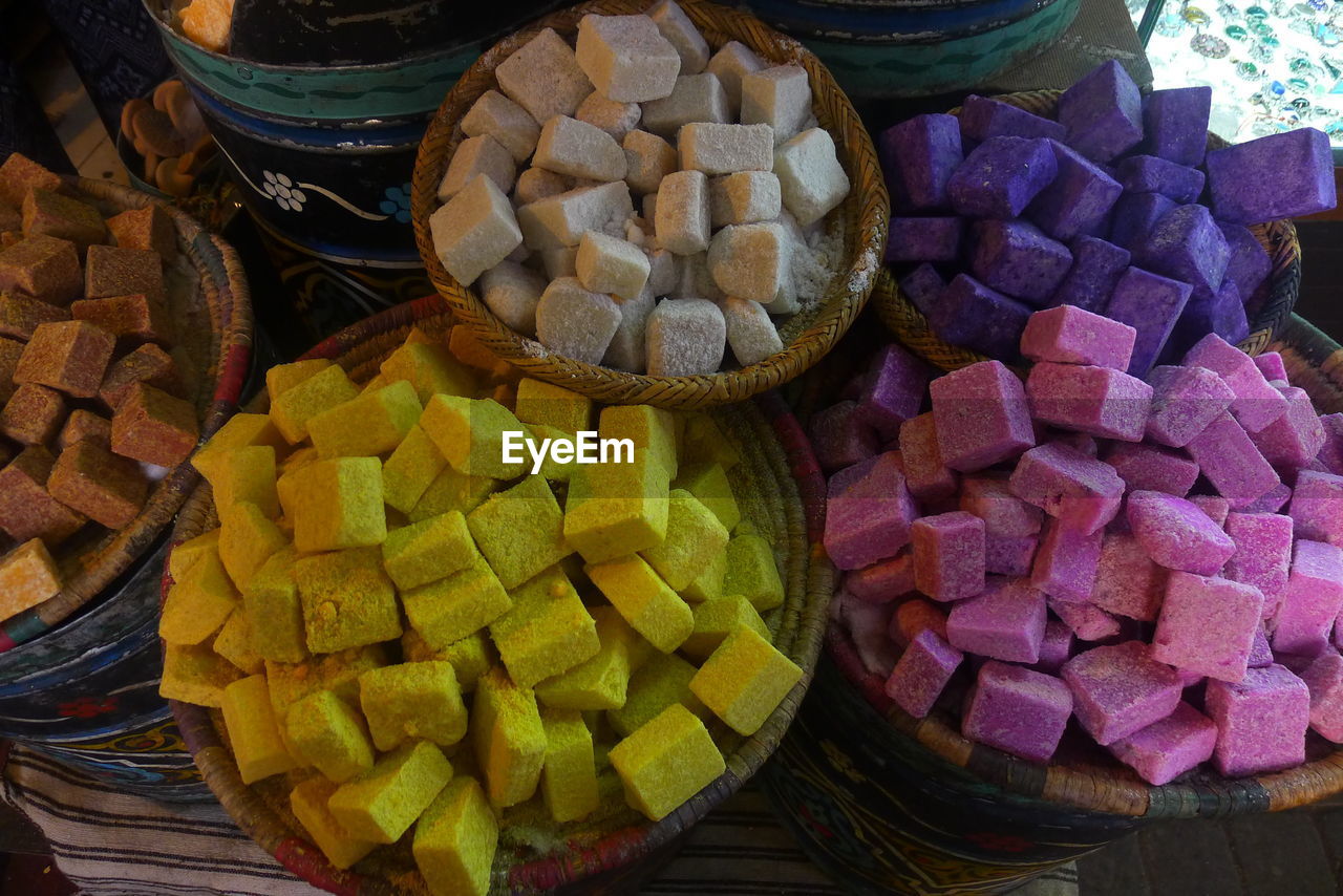High angle view of sweets in baskets