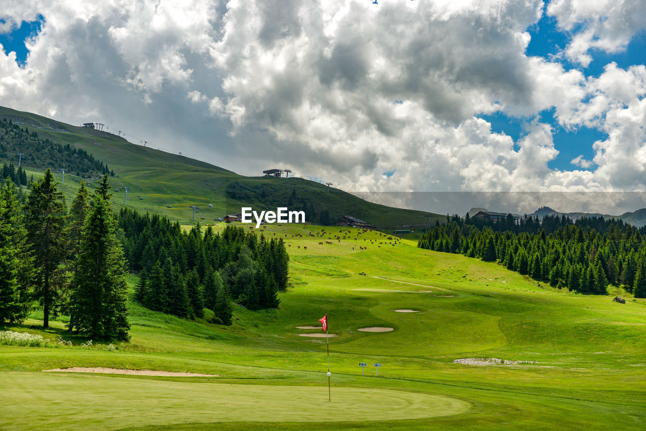 Scenic view of golf course against sky