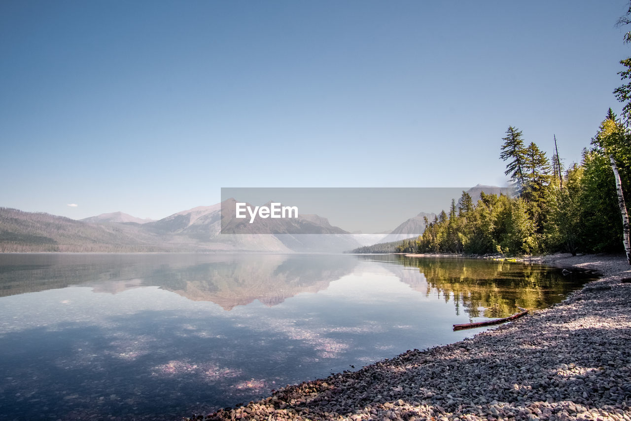 Scenic view of lake and mountains against clear blue sky