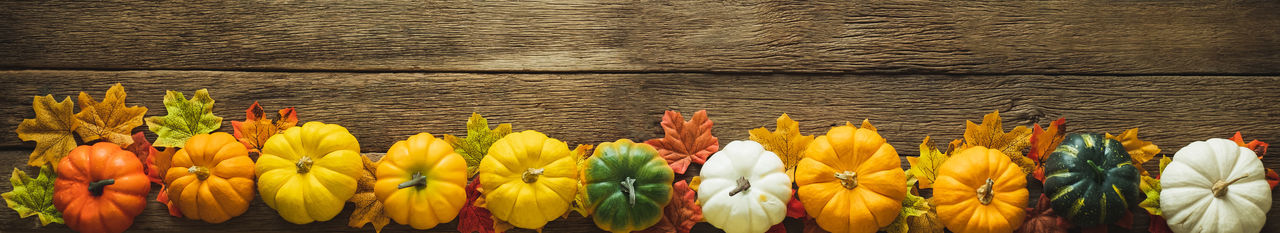 High angle view of pumpkins on table during autumn