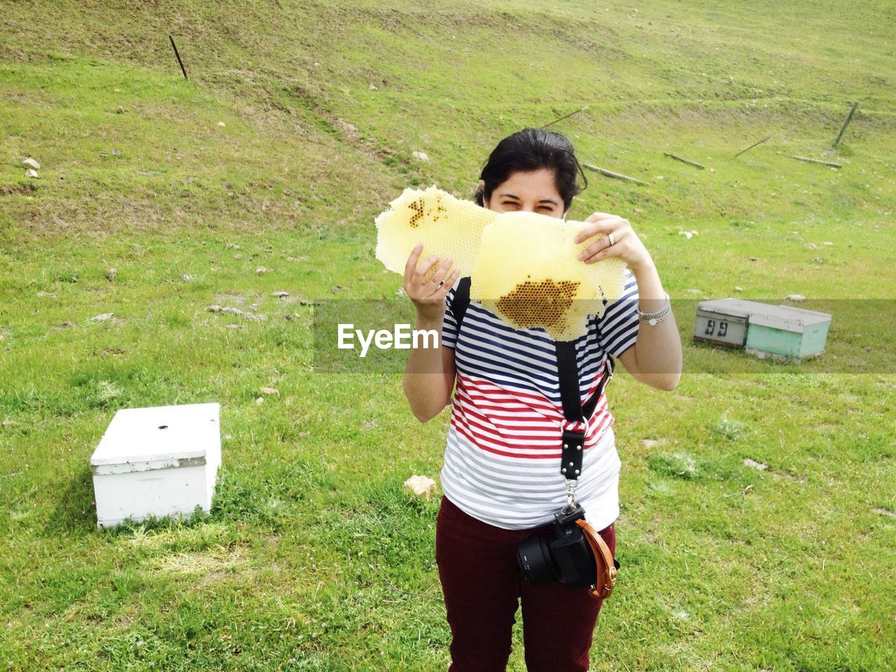 Portrait of a young woman holding hive on grassland