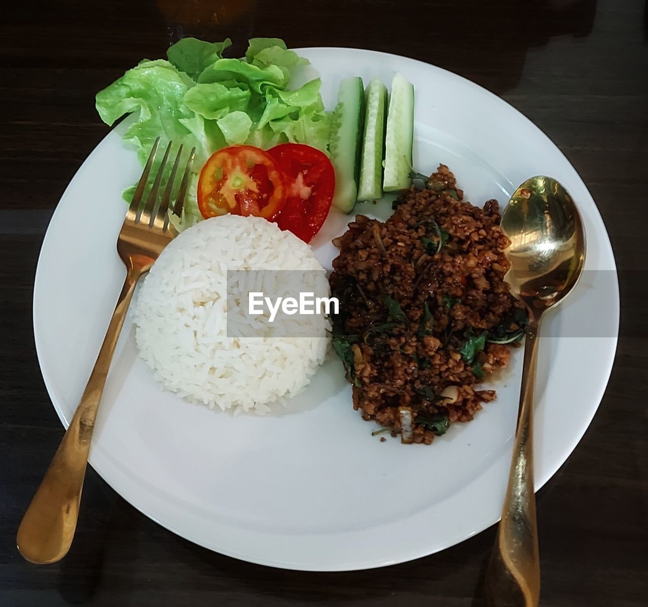 High angle view of food in plate on table