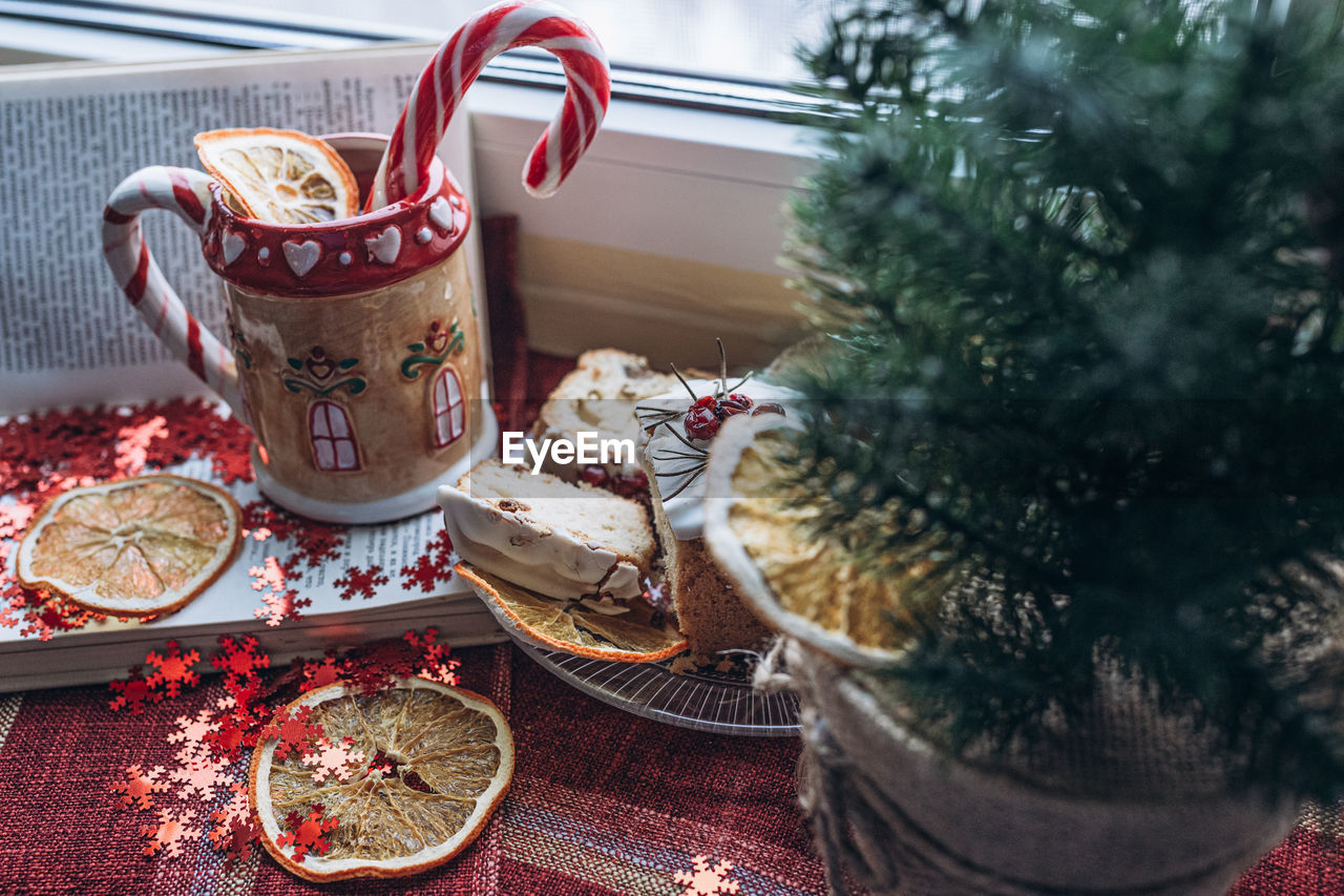 Christmas decor on the table flatlay