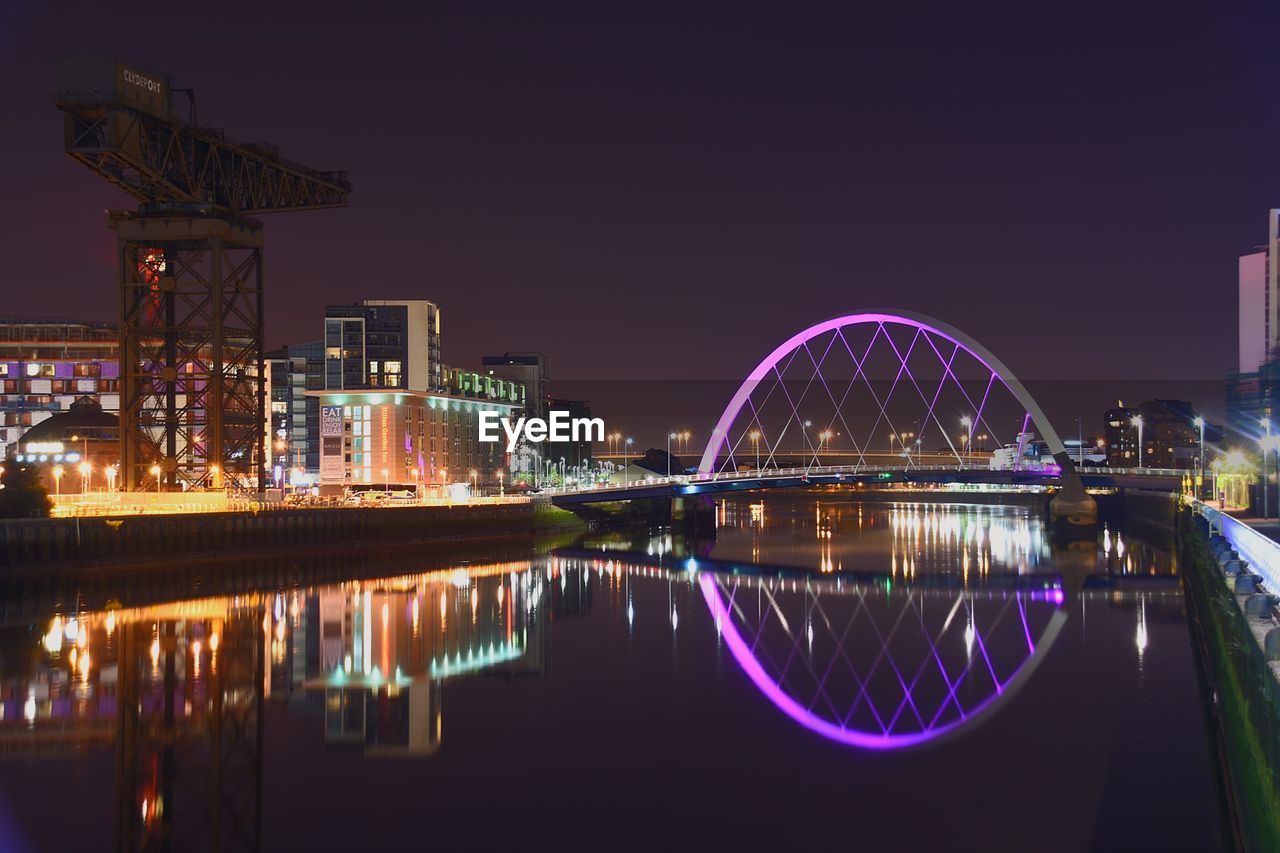 REFLECTION OF ILLUMINATED CITY IN WATER AT NIGHT