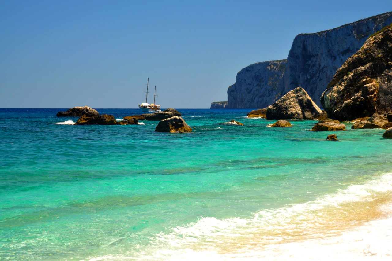 Scenic view of sea against clear blue sky