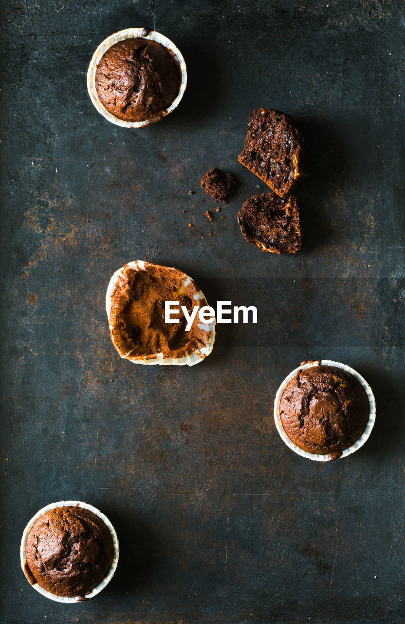 High angle view of chocolate cupcake