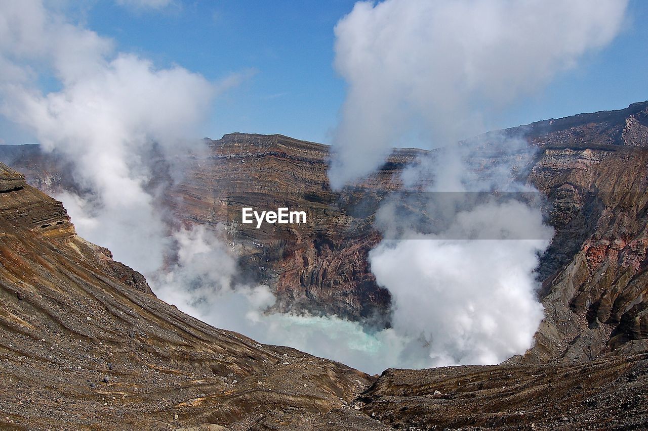 Smoke emitting from volcanic mountain against sky