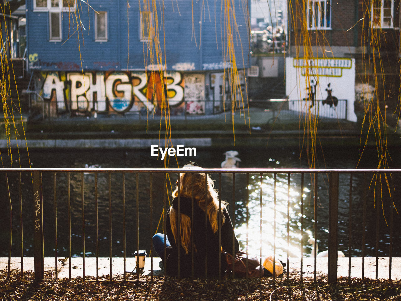 Rear view of woman sitting by canal