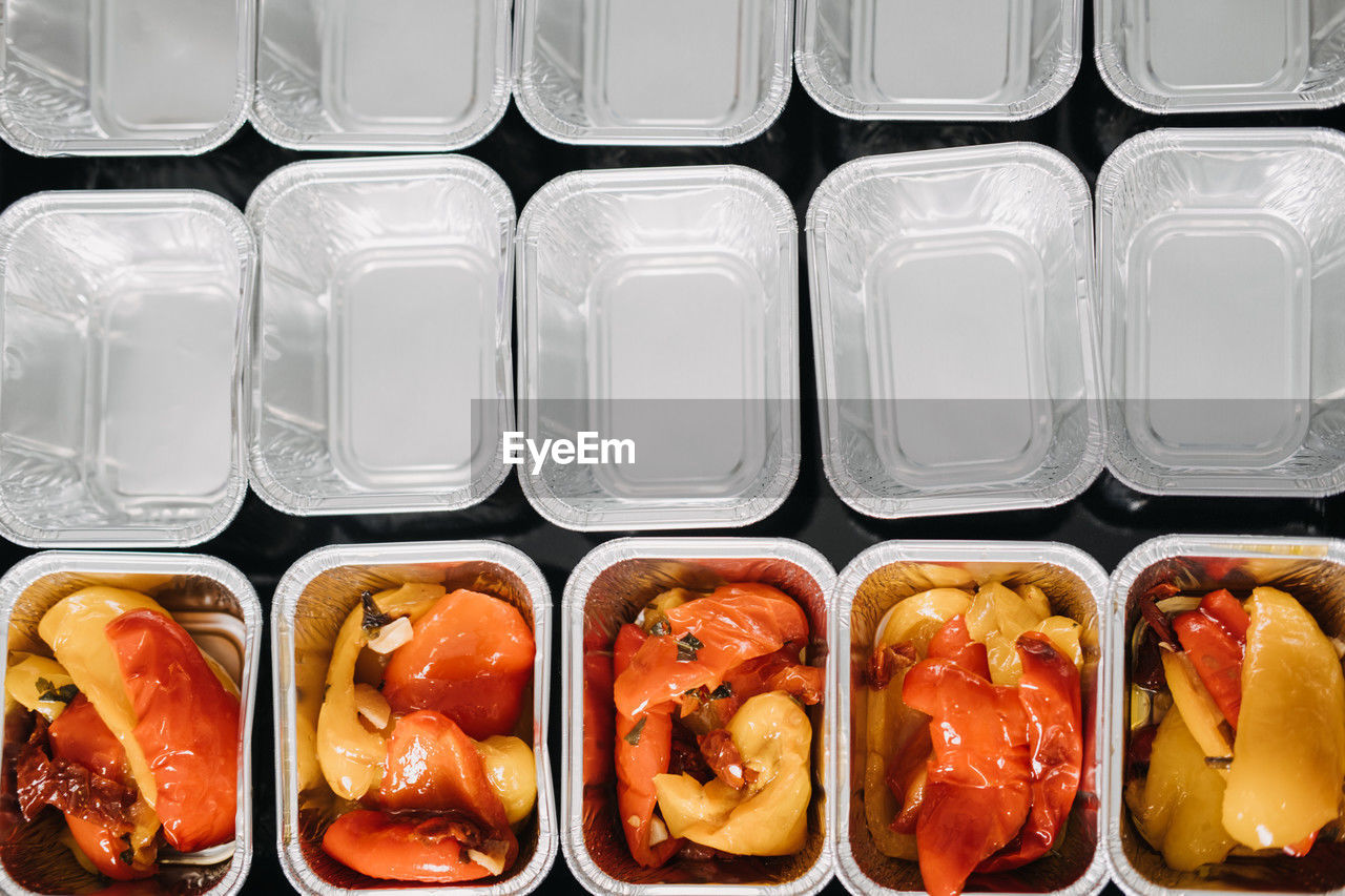 Pre-portioned gourmet roasted bell peppers in trays