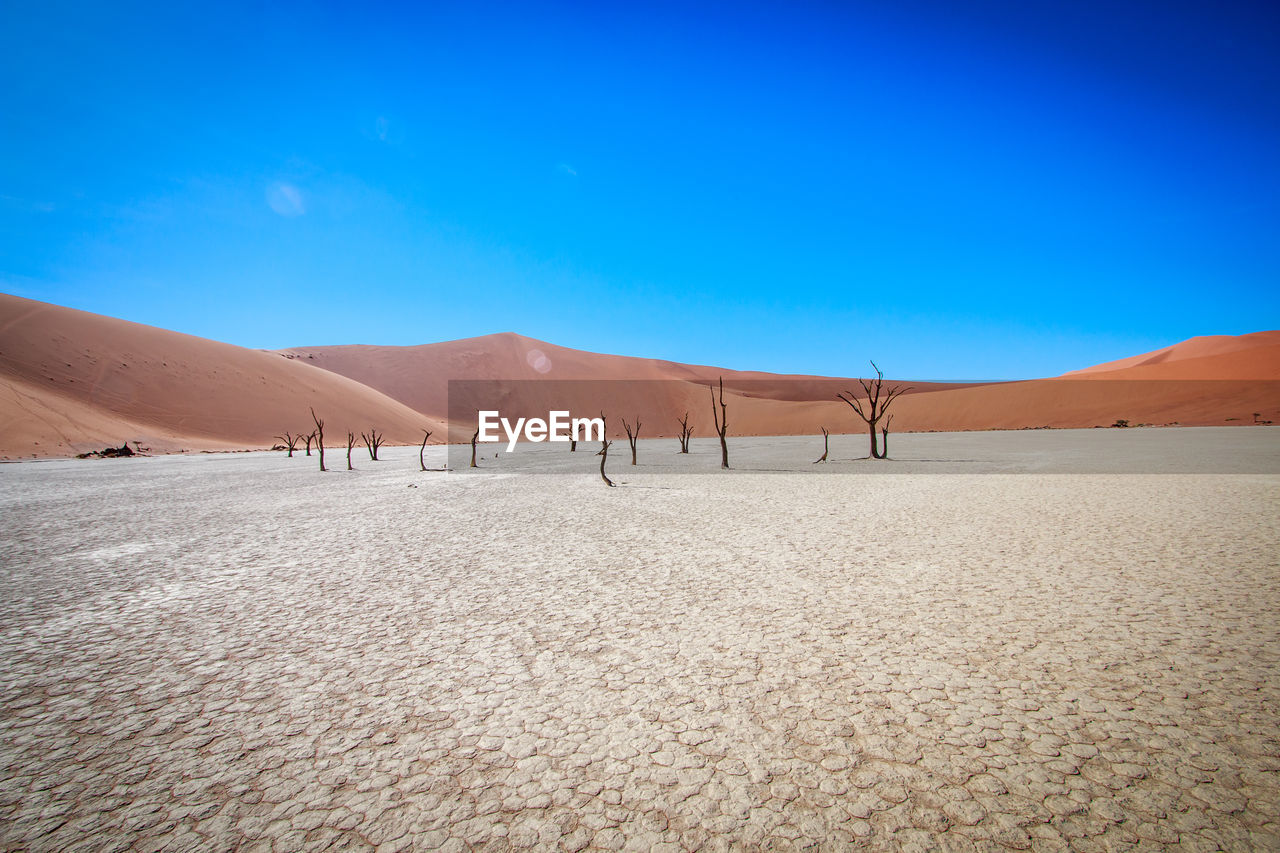 Scenic view of desert against clear blue sky