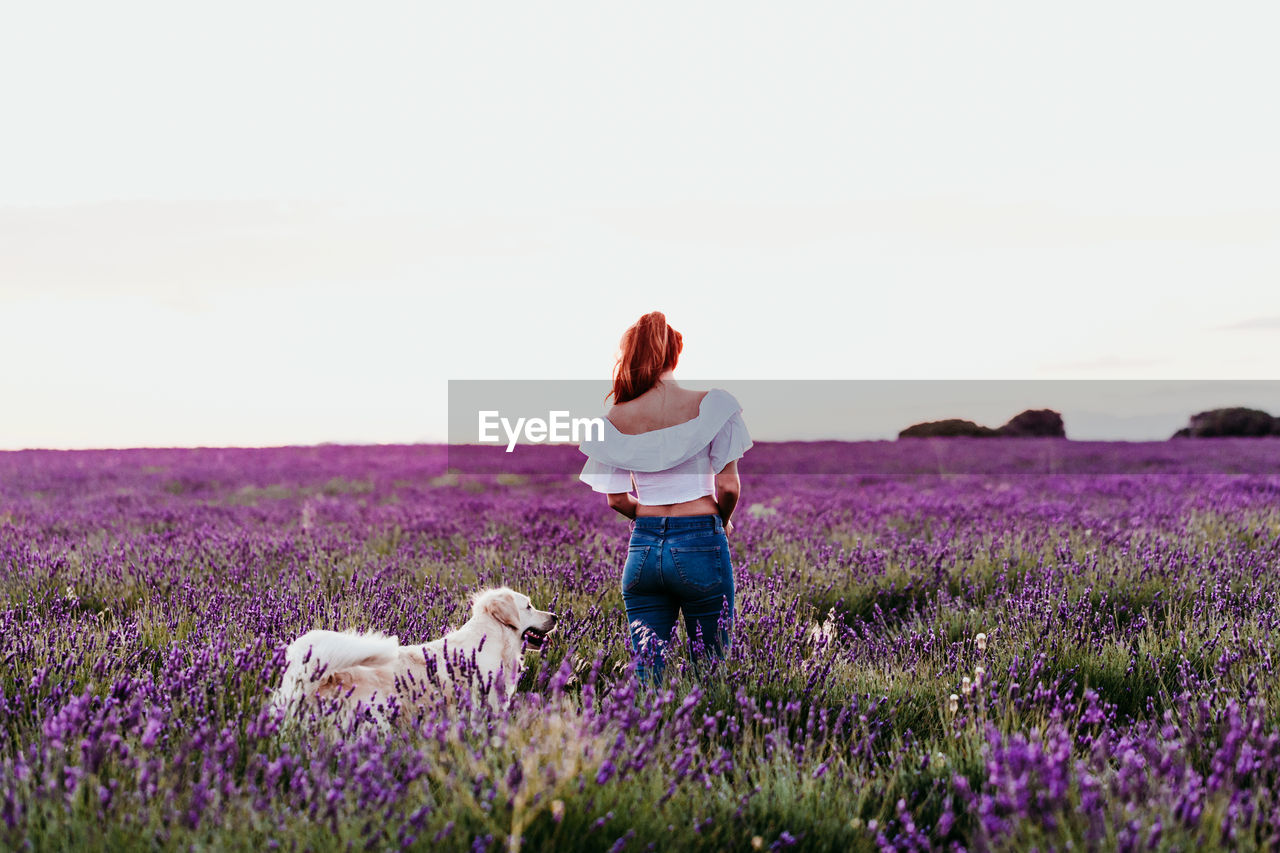 Rear view of woman standing with dog on field against sky