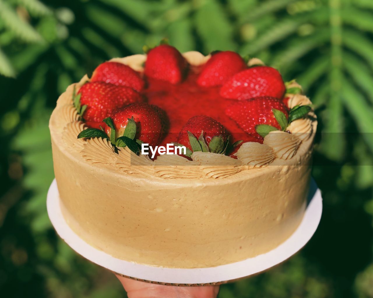 Close-up of hand holding strawberry cake