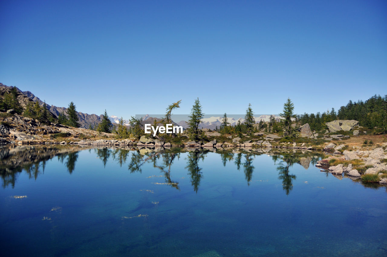 Scenic view of lake against clear blue sky