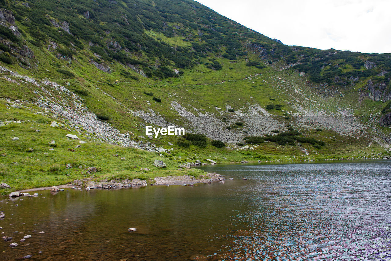 Scenic view of lake by mountain against sky