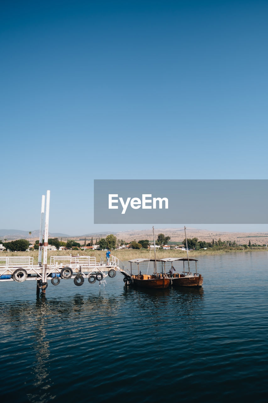BOAT IN LAKE AGAINST CLEAR SKY
