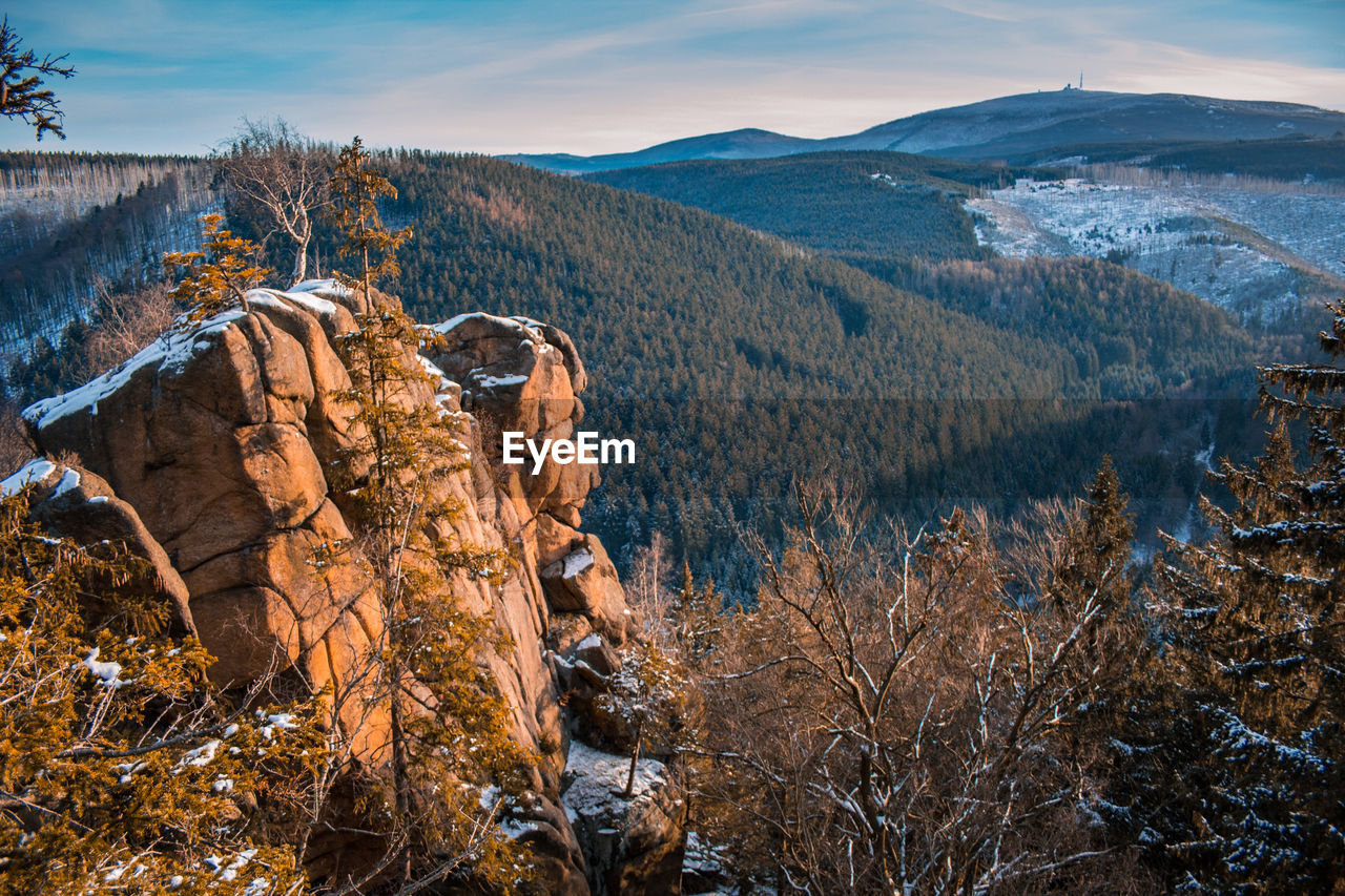 Scenic view of snow covered land against sky