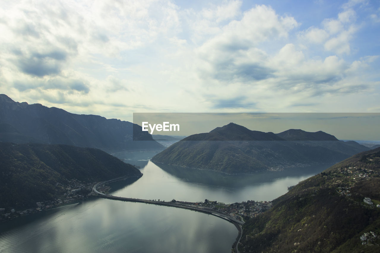 Scenic view of lake and mountains against sky