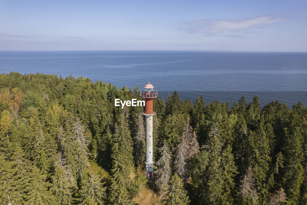 Lighthouse rising above the forest in juminda, estonia