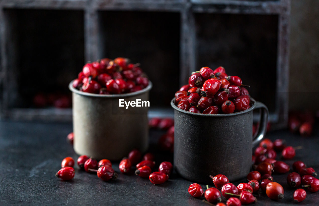 Dried rosehip fruits on the table