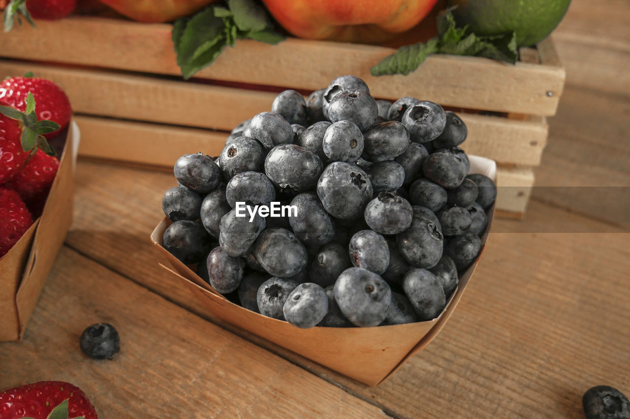 High angle view of fruits in bowl on table