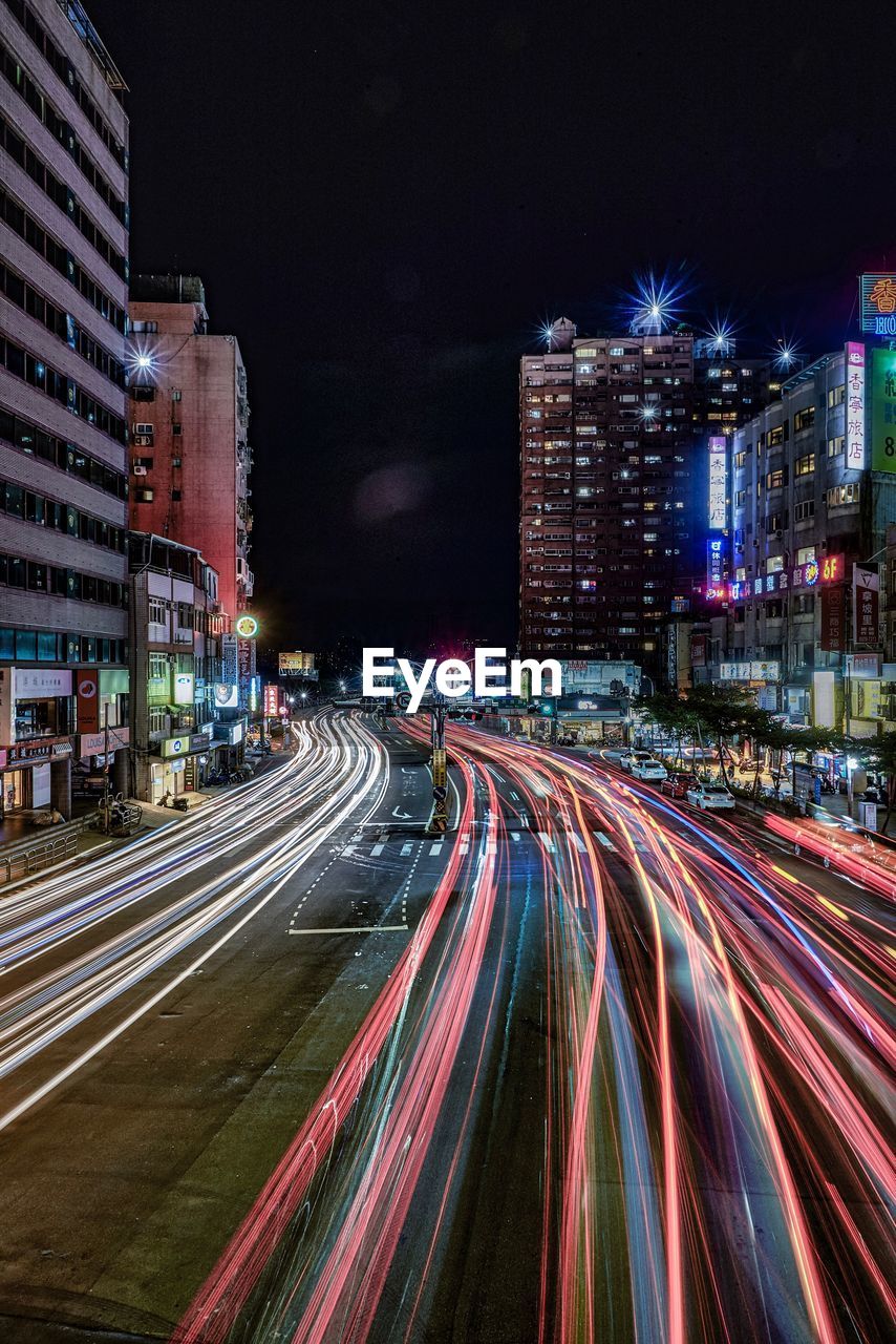 Light trails on road at night