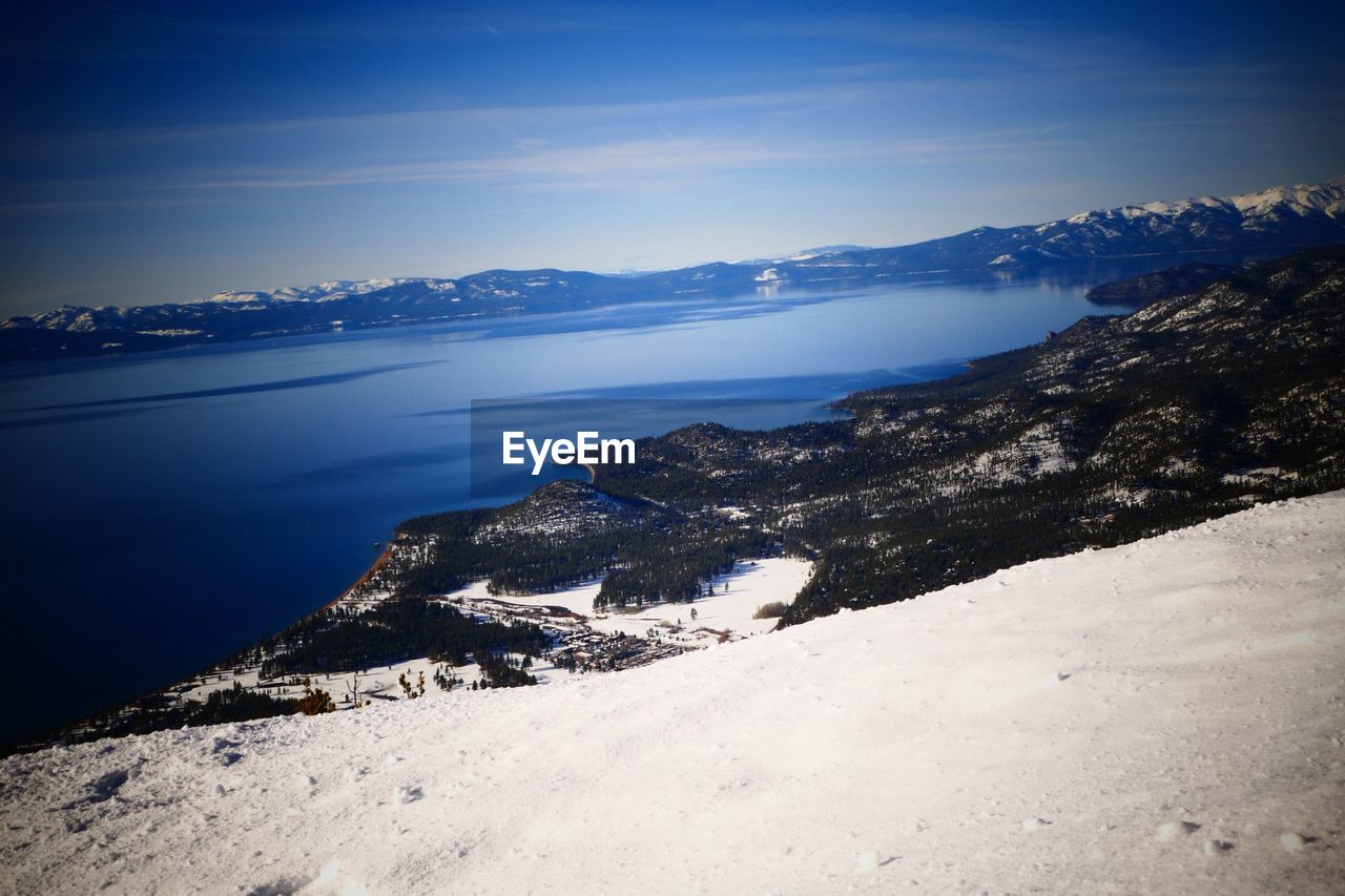 SCENIC VIEW OF SEA BY MOUNTAINS AGAINST CLEAR BLUE SKY