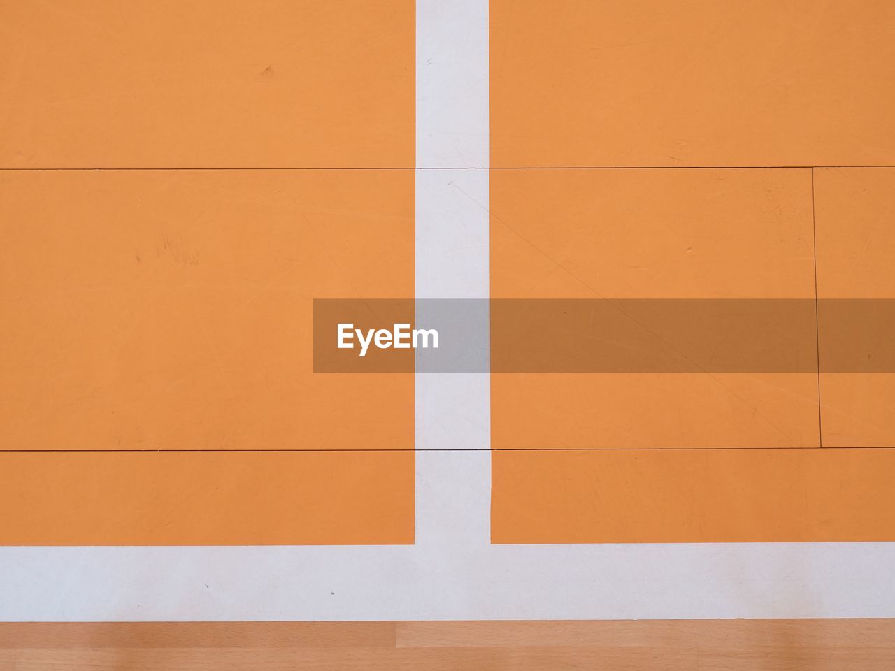 White line in hall playground. wooden floor of sports hall with marking lines and lacquered surface