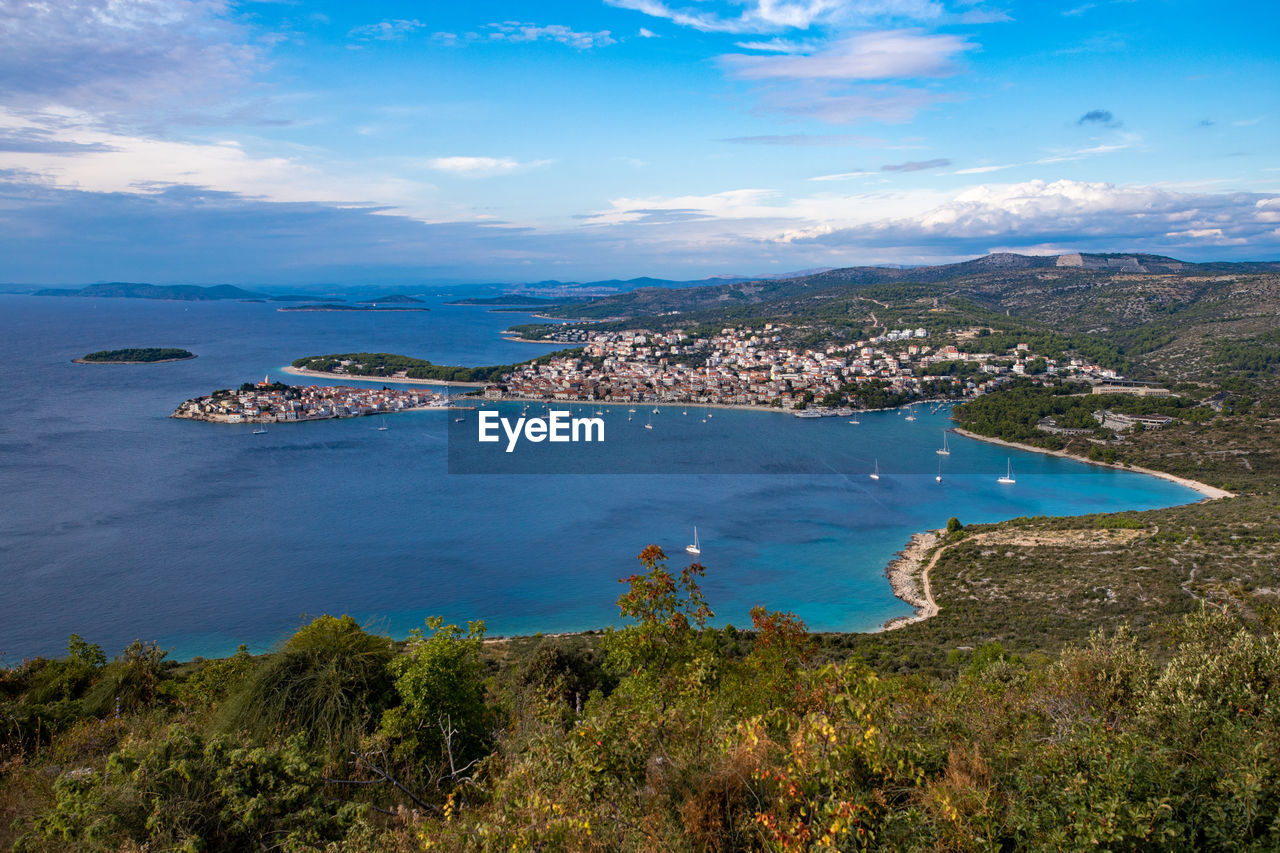 High angle view of bay against sky