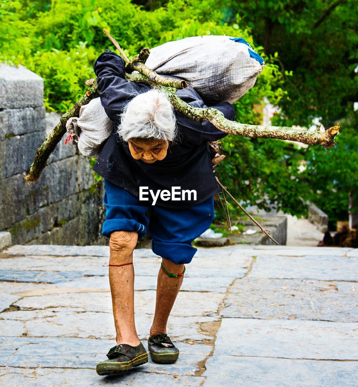 Senior woman carrying firewood while walking on street