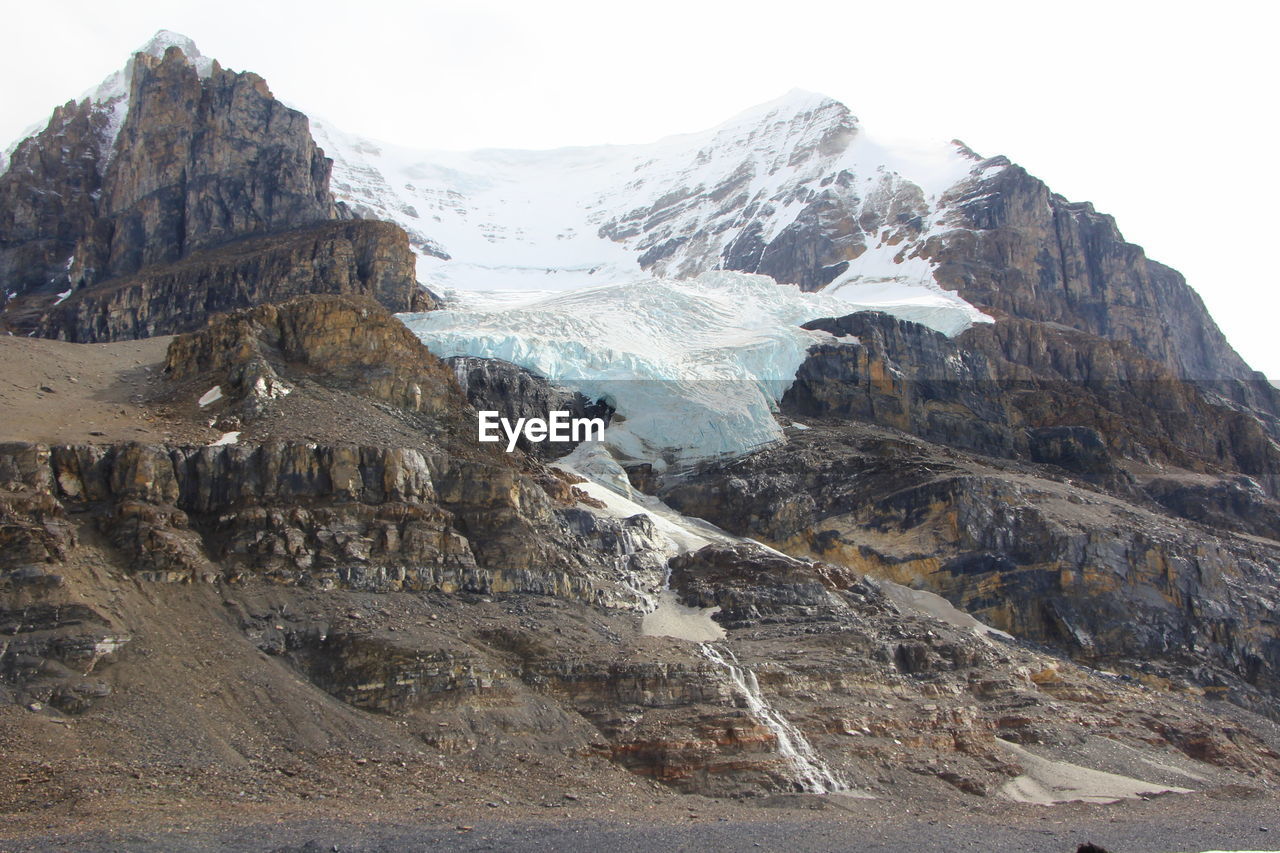 Scenic view of snowcapped mountains against clear sky