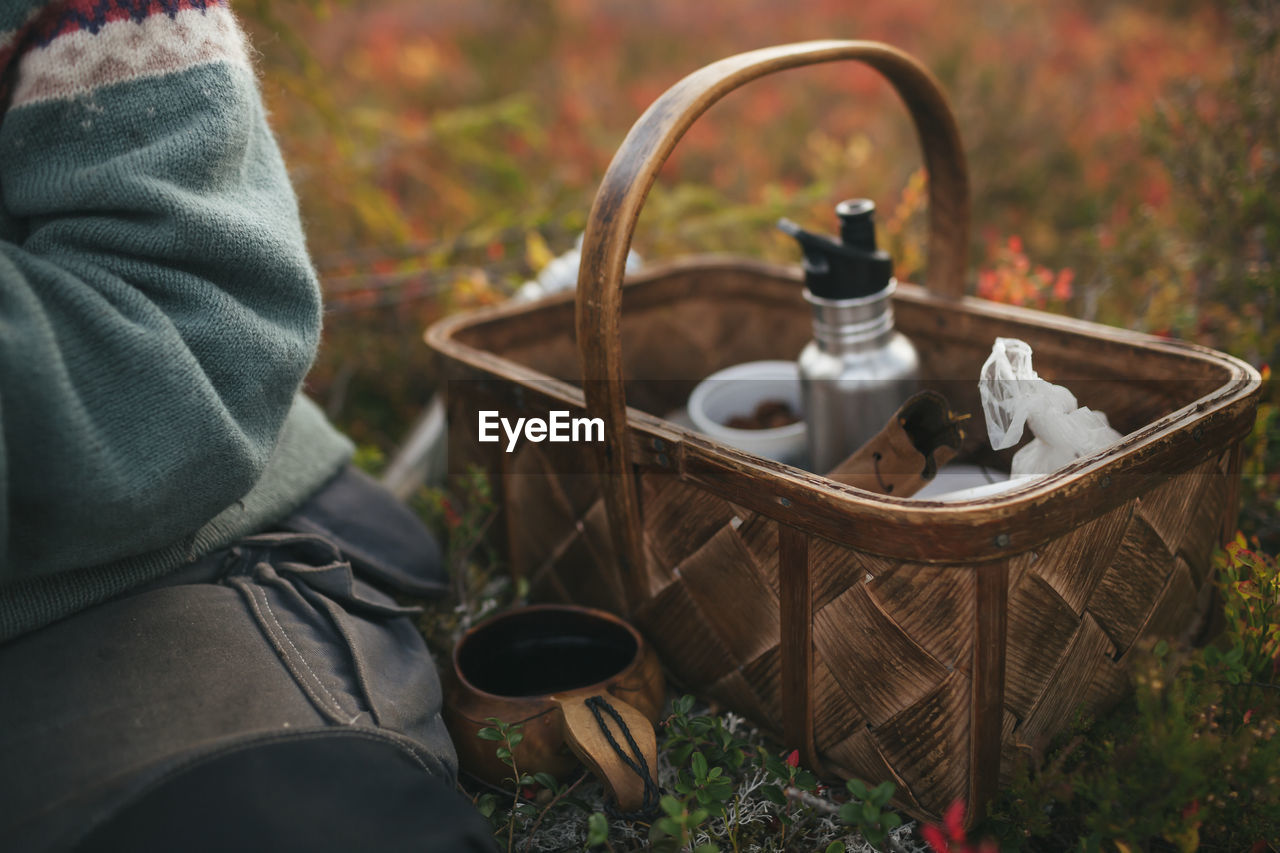 Food and drink in basket