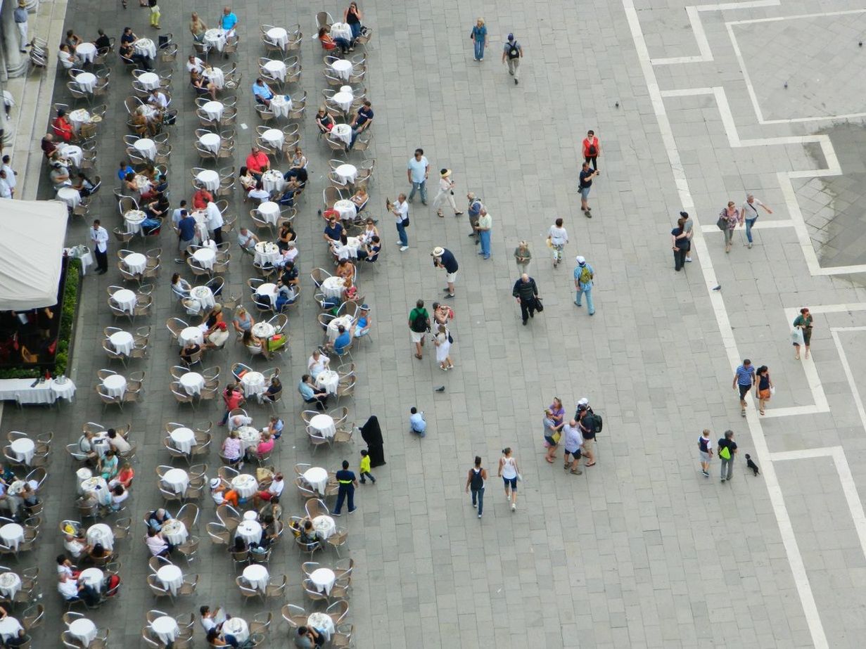 High angle view of people at sidewalk cafe