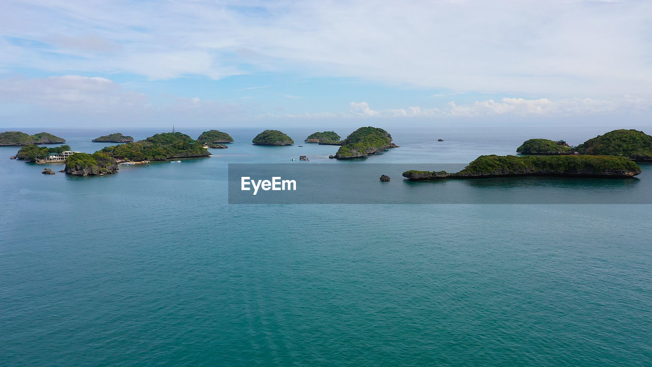 Top view of the beautiful islands with lagoons and beaches in the hundred islands national park